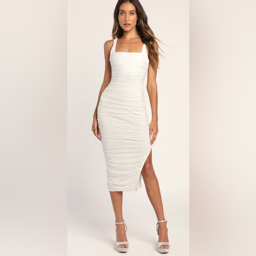 V.I.P. Treatment White Mesh Ruched Bodycon Midi Dress